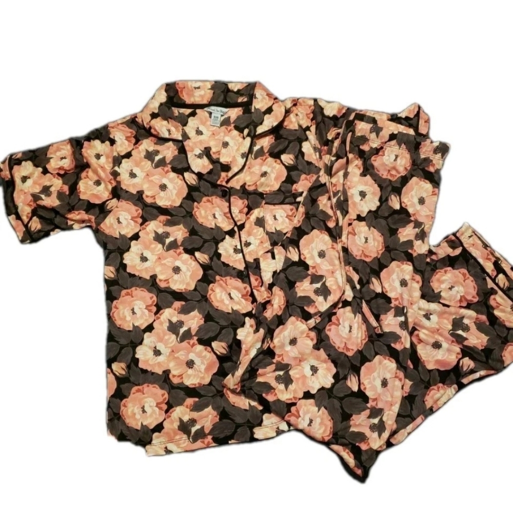 Count The Stars Black Pink Floral Pajamas M Button Top Elastic Drawstring Waist